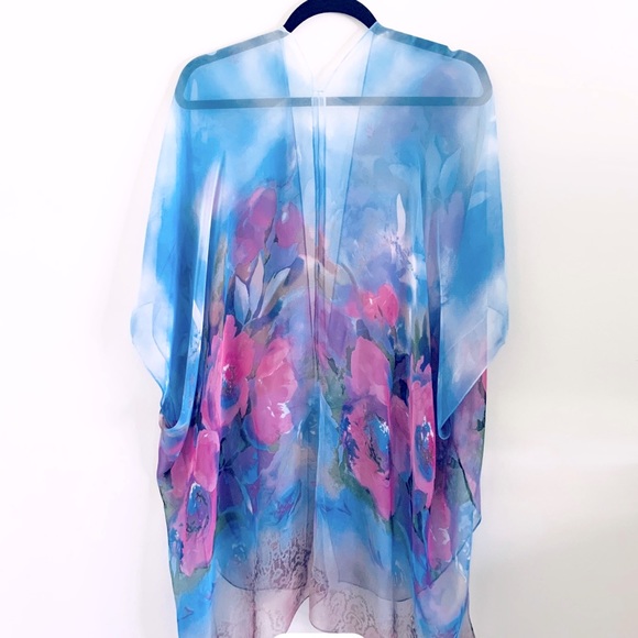 Pink and Blue Floral Kimono Bathing Suit Cover Up Shawl - Picture 1 of 3